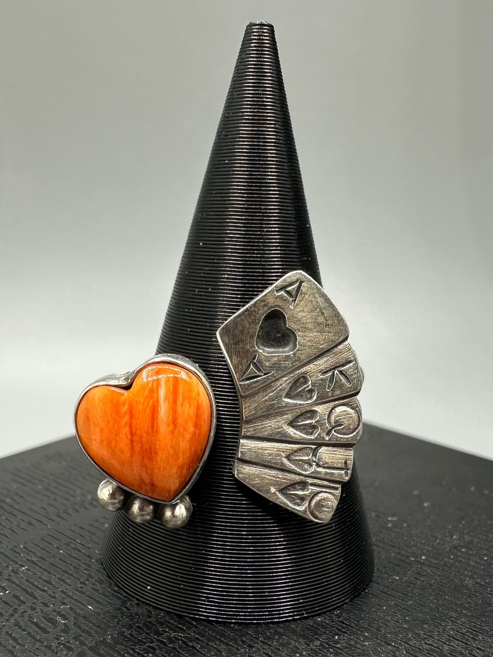 Orange Spiny Sterling Silver 925 Adjustable Poker Cards Heart Ring Handmade